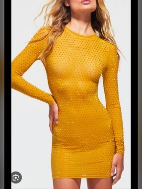PrettyLittleThing Yellow Rhinestone Studded Long Sleeve Mesh Mini Dress, sz 4